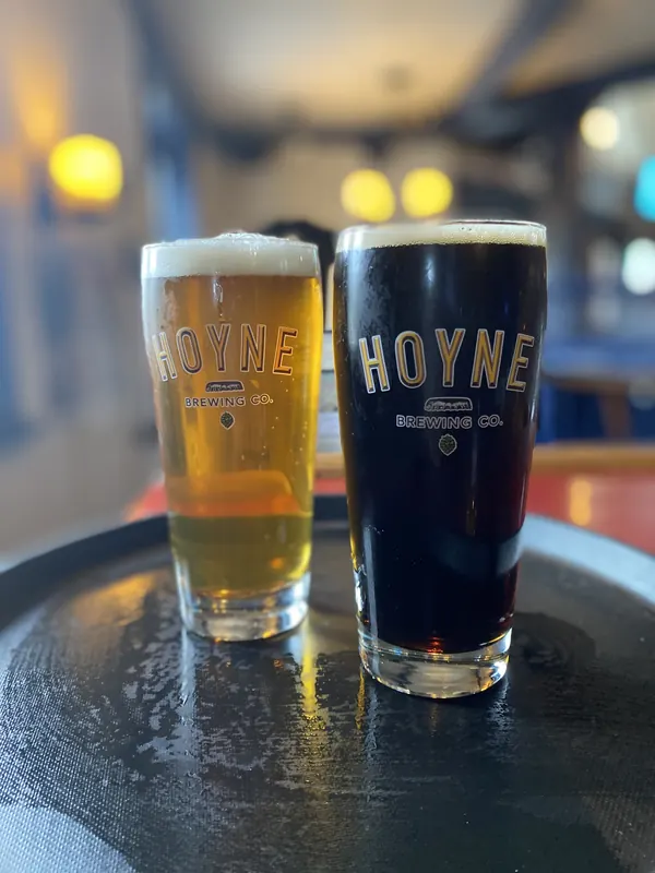 A light and a dark Hoyne beer, poured