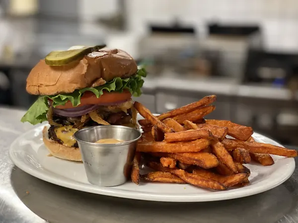 Burger with sweet potato fries and dip