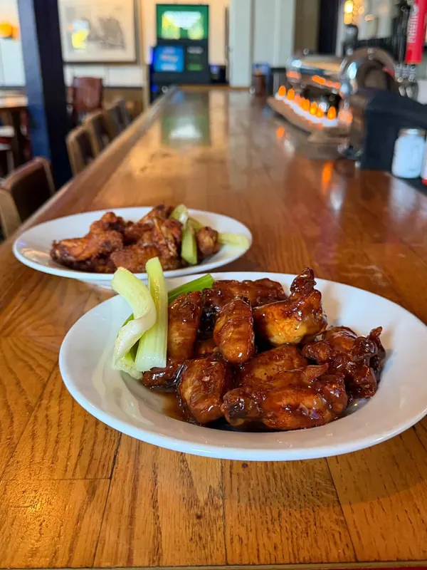 Two plates of wings, hot and honey garlic, with celery