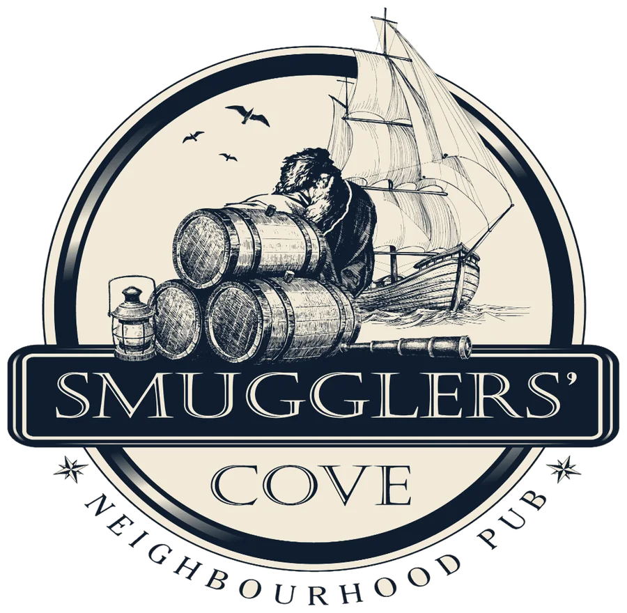 The Smugglers' Cove seal: a tall ship, rum barrels and a resting smuggler